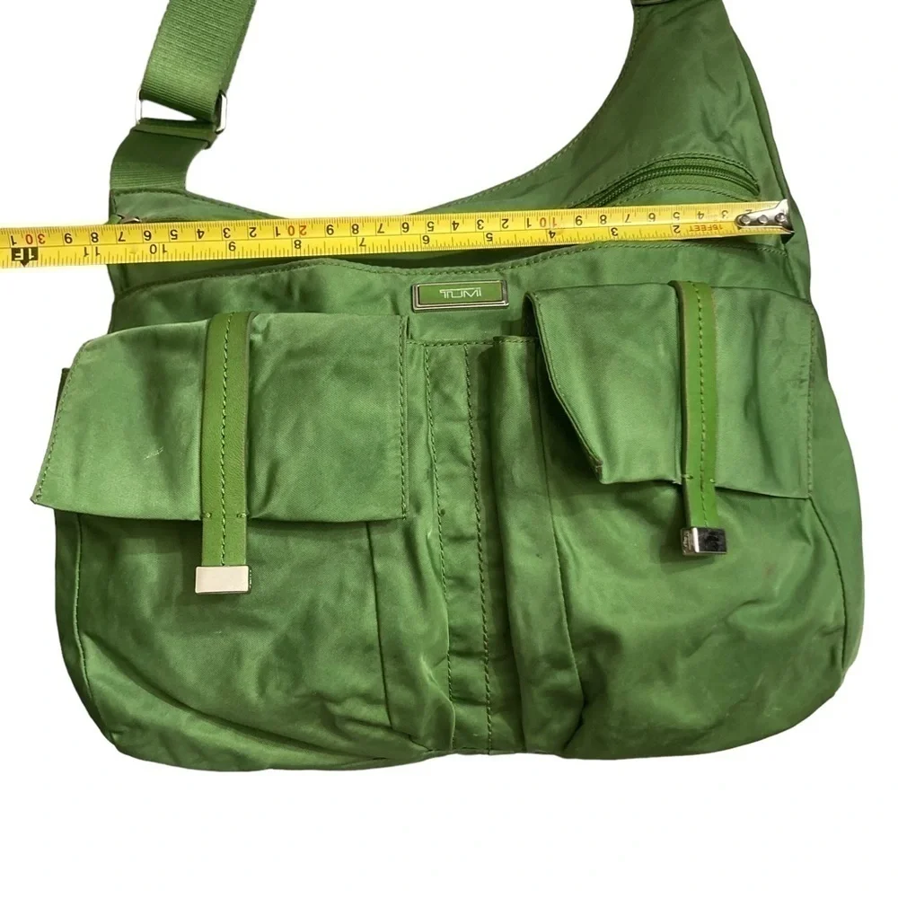 Tumi double pocket green nylon messenger bag